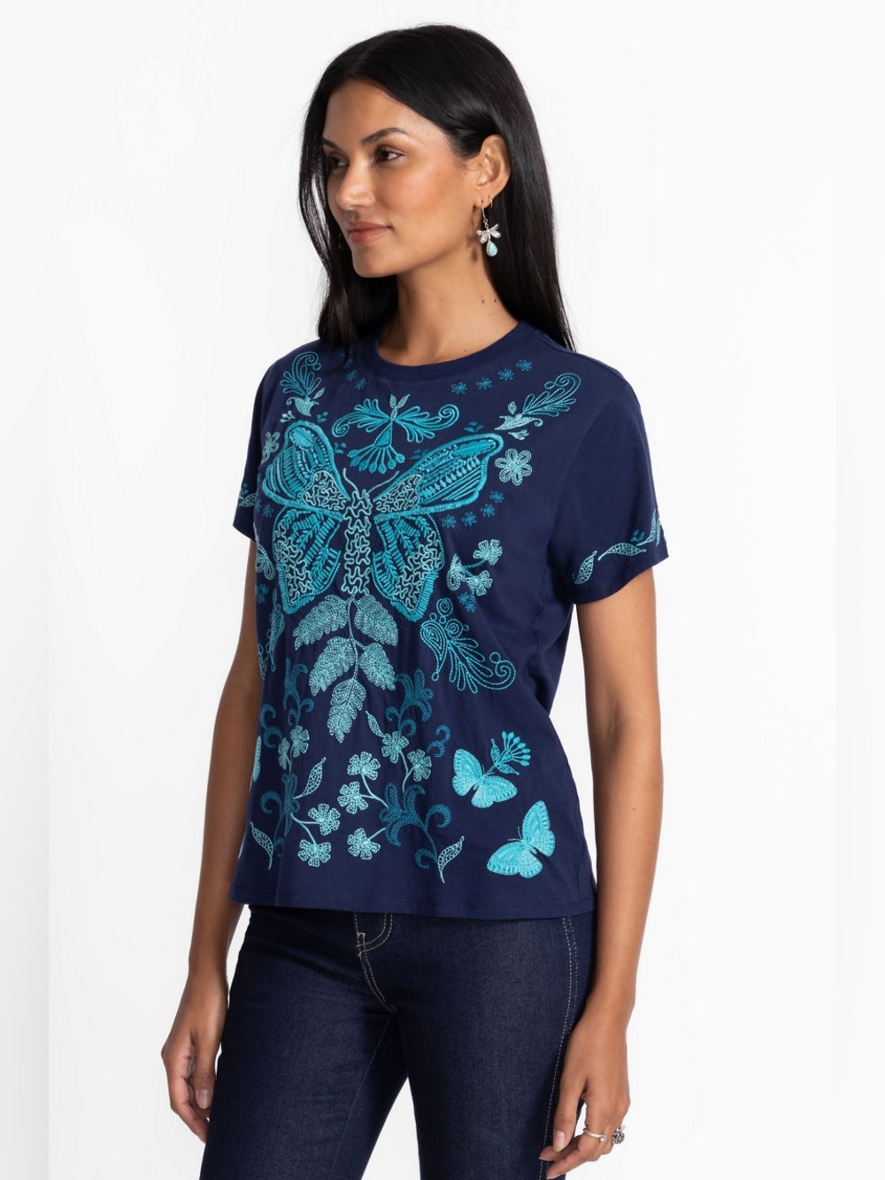 π¦ Johnny Was Navy Embroidered Butterfly Floral Boho Crew Neck TβShirt XS - Picture 3 of 10